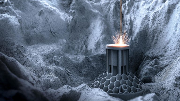 Illustration d’un procédé de fabrication additive métallique dans un lit de poudre