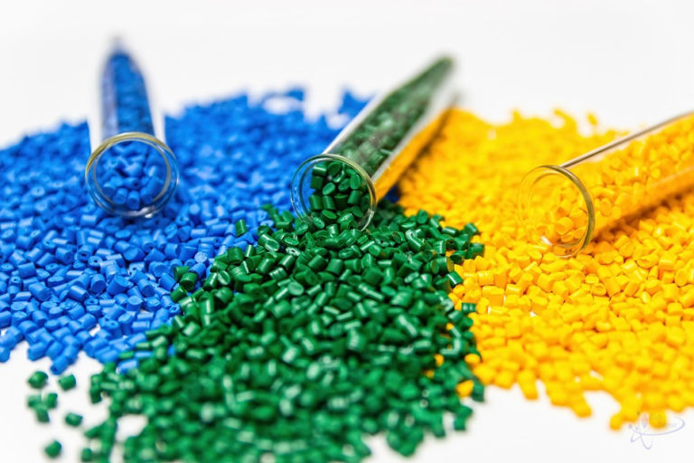 Coloured polymer granules illustrating the materials feature