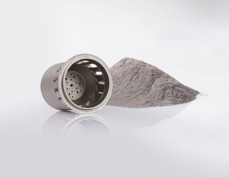 Metal 3D printed part and powder — EOS, photo Tobias Hase