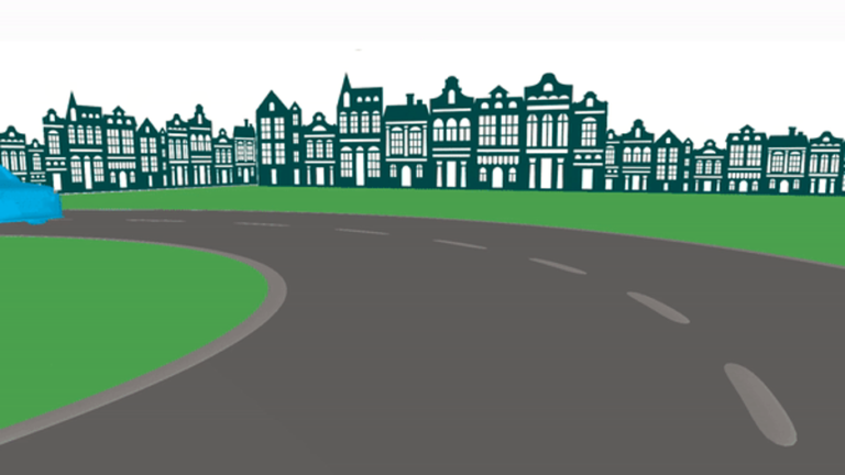 Still image of a road and buildings modeled in SelfCAD, with part of a blue car at the left edge.