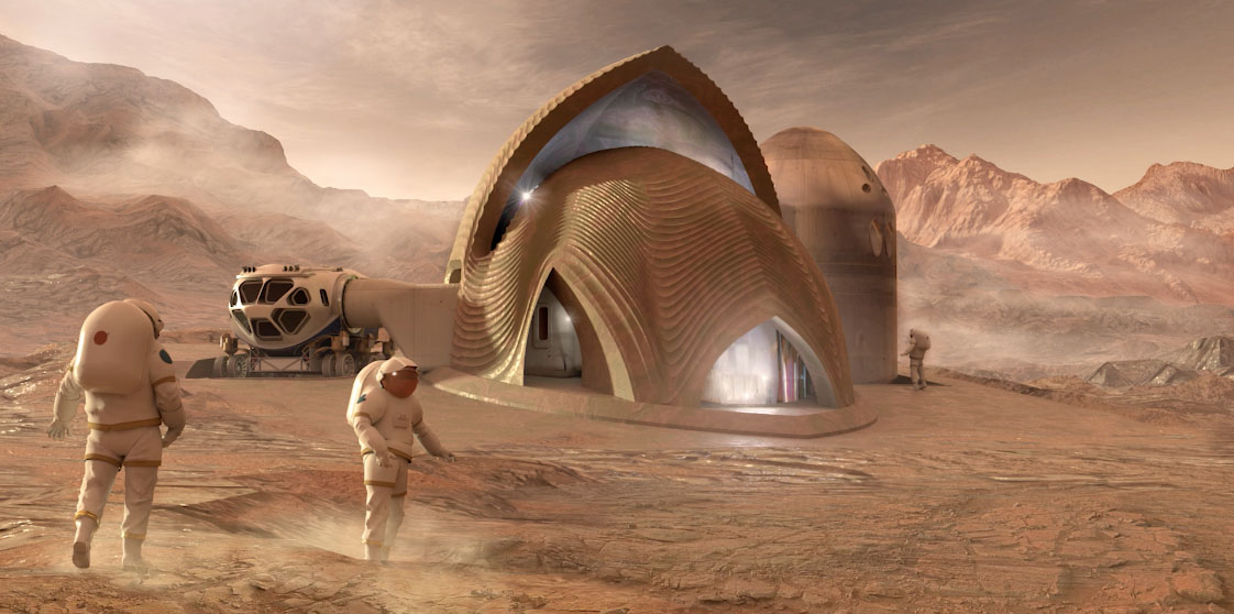 Concept rendering of a habitat on Mars with two astronauts