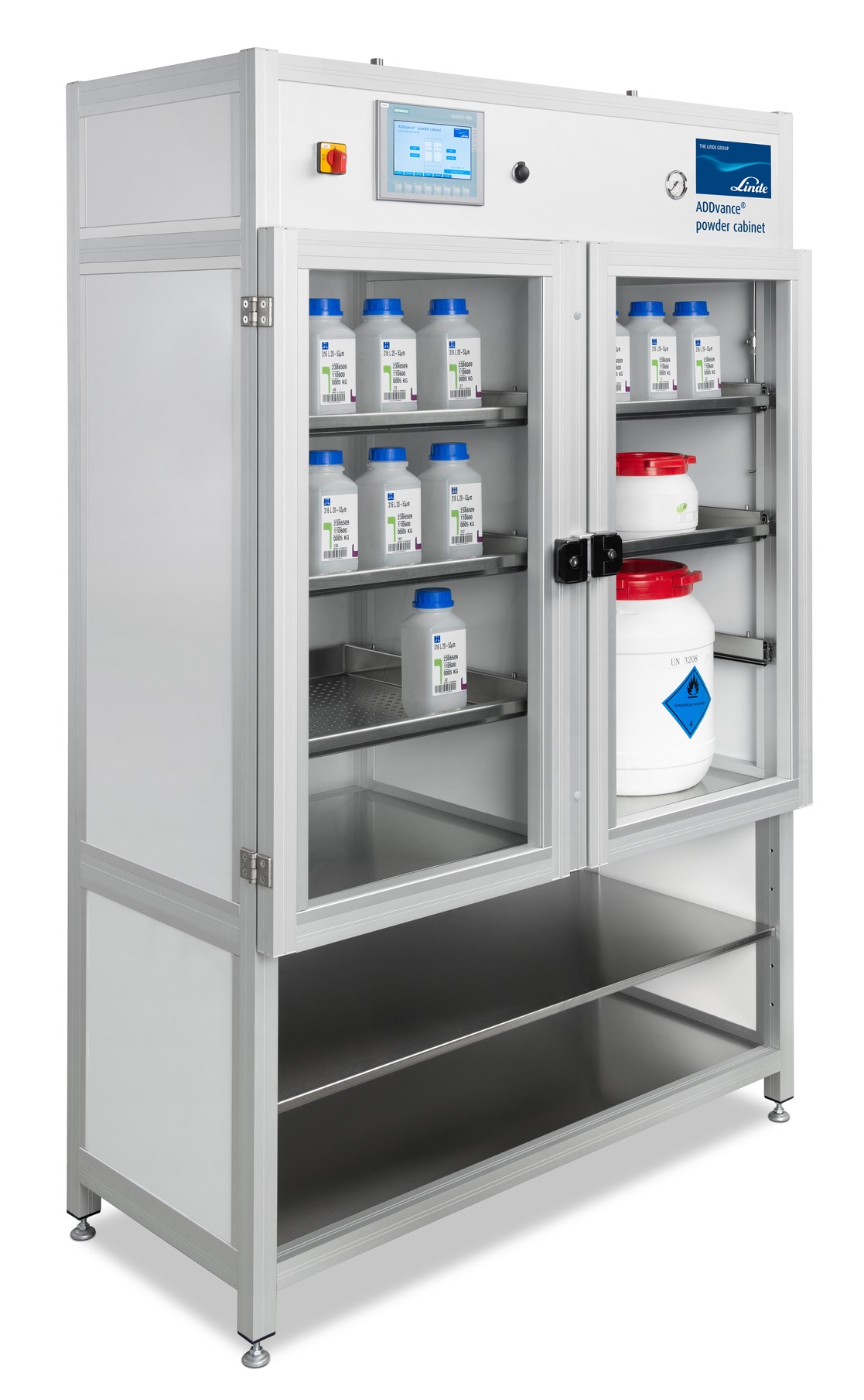 Armoire Linde ADDvance contenant des récipients de poudre métallique