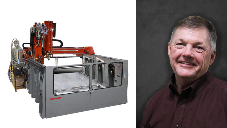 Thermwood LSAM machine alongside a portrait of Dennis Palmer