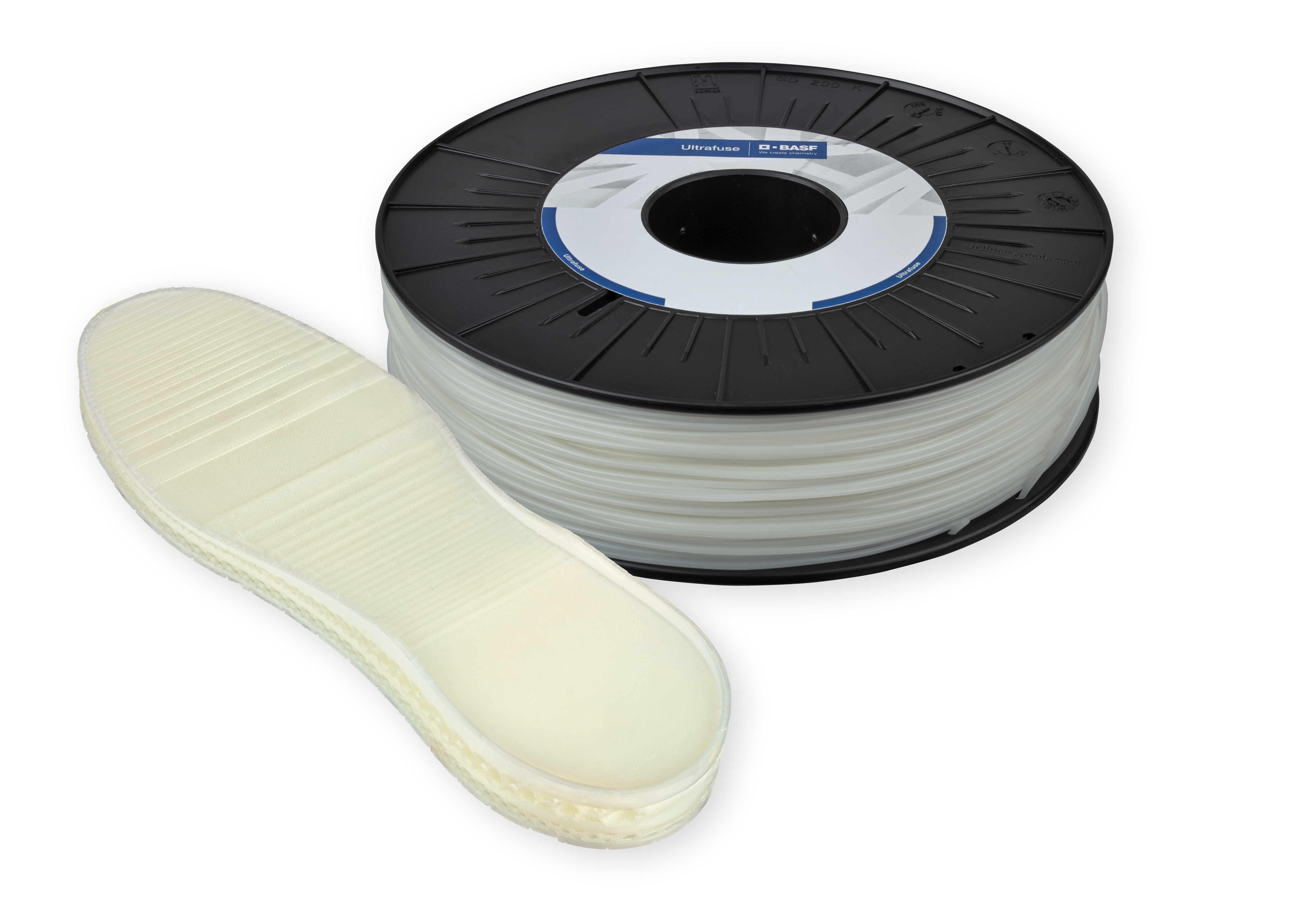 Ultrafuse TPU filament spool with a printed flexible shoe sole