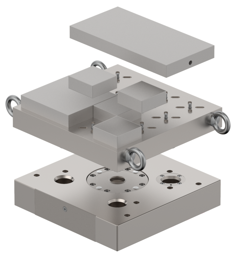 Vue éclatée d’un système de palettes et de bridage pour fabrication additive