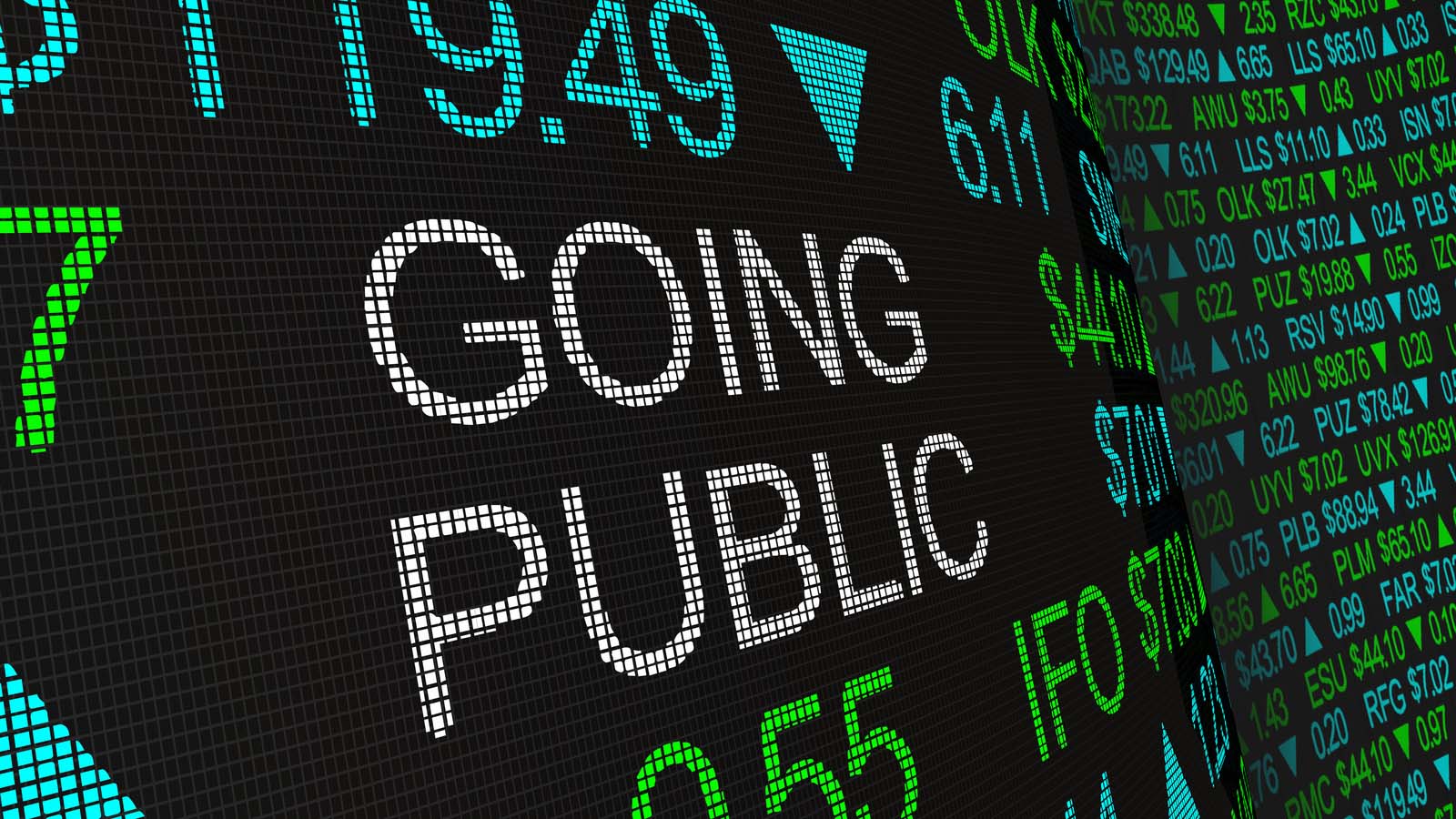 Market board displaying the words Going Public