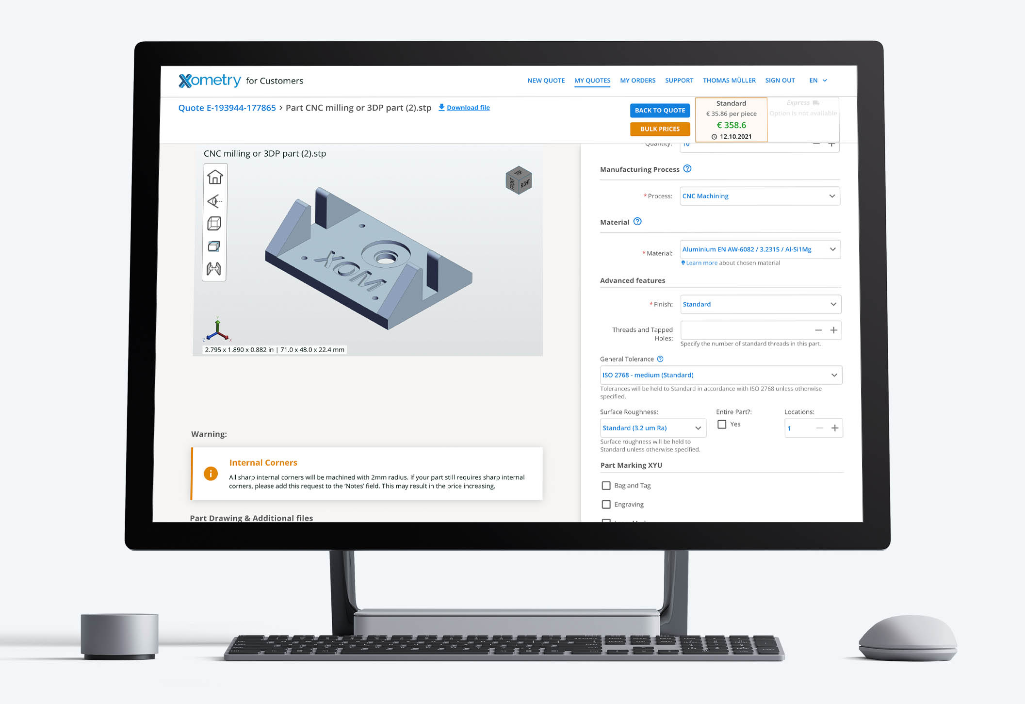 Xometry interface displaying a CAD model and quoting parameters