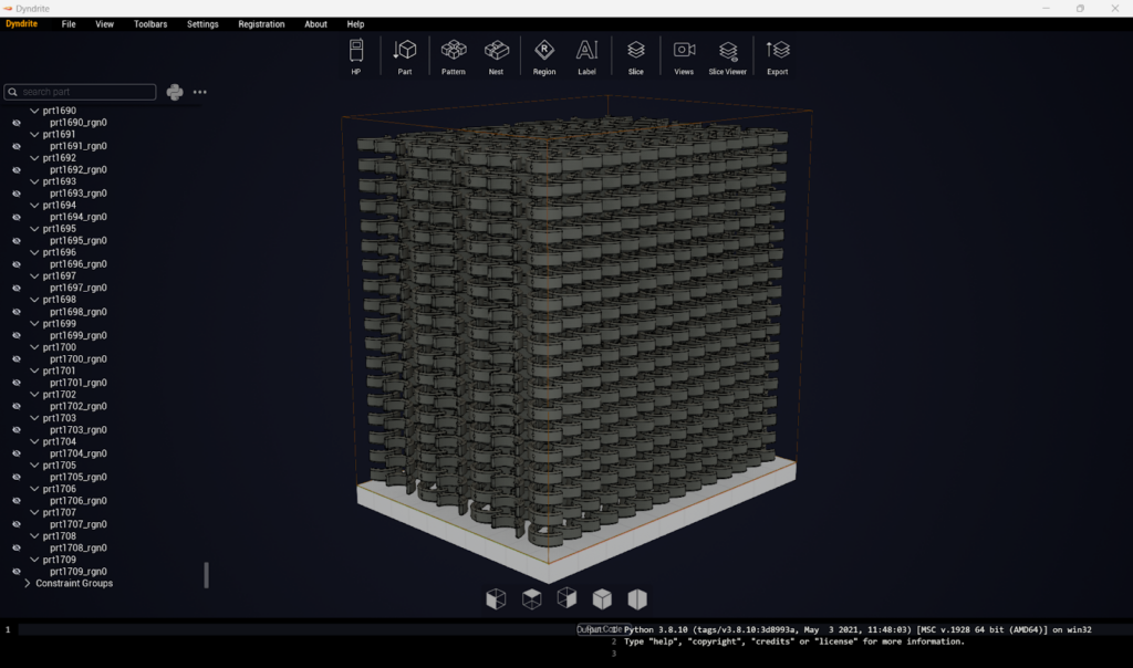 Dyndrite software view showing components arranged on a build plate.