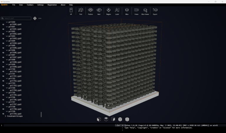 Dyndrite software view showing components arranged on a build plate.