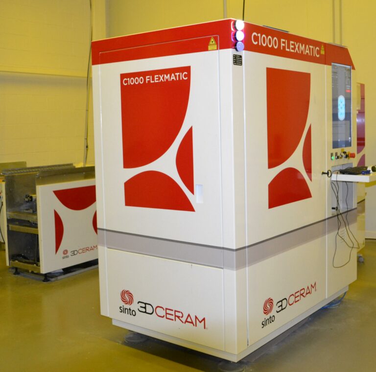 3DCeram C1000 FLEXMATIC ceramic 3D printer with its white and red enclosure