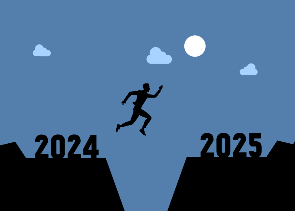 Silhouette jumping across a gap between 2024 and 2025