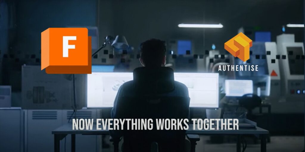 Autodesk Fusion and Authentise logos above a workstation in a manufacturing facility.
