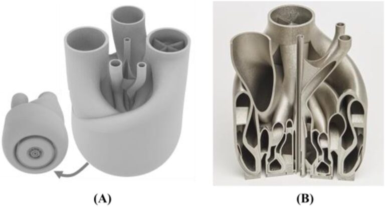 Additively manufactured multi-channel nozzle and a section through the part