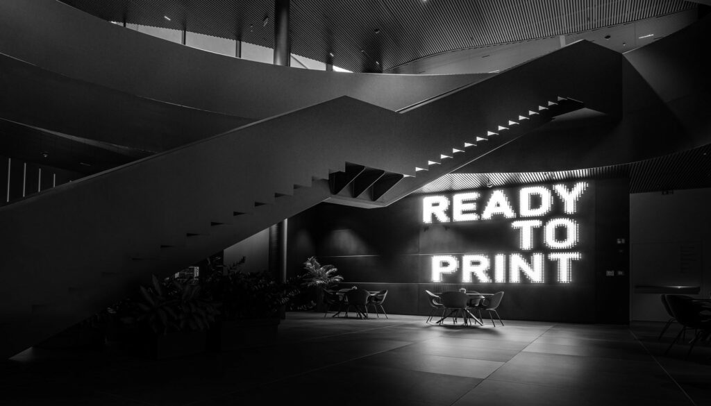 Interior with a staircase and the words Ready to Print