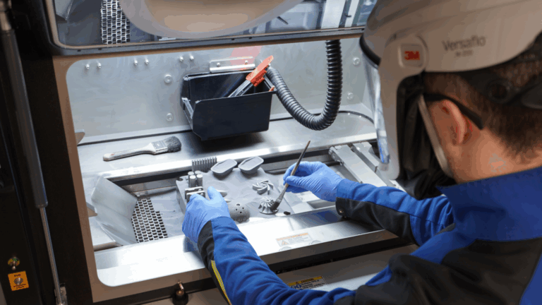 Opérateur retirant au pinceau la poudre autour de composants sur un plateau de fabrication additive métallique.