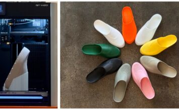 Image of shoes and a 3D printer