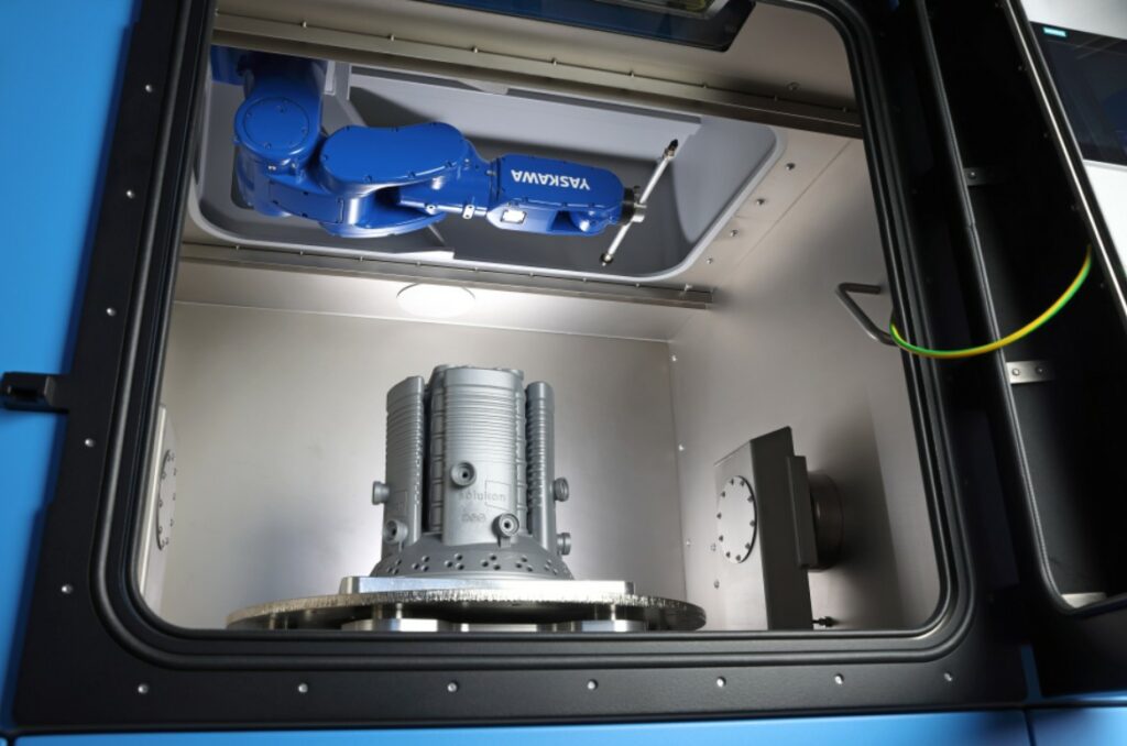 Inside the chamber of an automated depowdering system