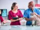 Male Vet And Female Trainee Veterinary Nurse Examining Pet Cat In Surgery