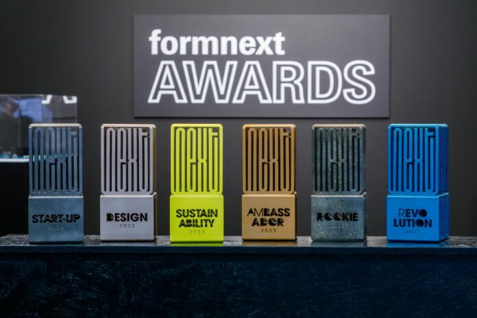 The six Formnext Awards 2025. Copyright Mesago Messe Frankfurt, Marc Jacquemin- web Image of 6 trophies