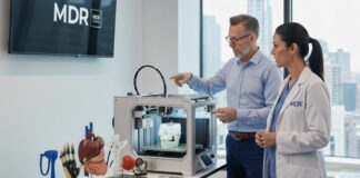 Two healthcare professionals in front of a 3D printer