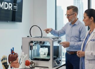 Two healthcare professionals in front of a 3D printer