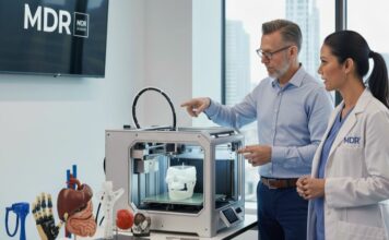Two healthcare professionals in front of a 3D printer