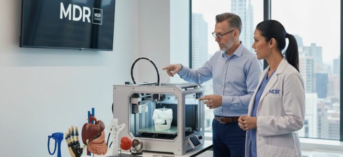 Two healthcare professionals in front of a 3D printer