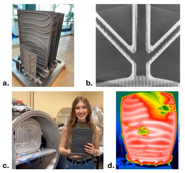 Figure 1: a. Additivelymanufactured high-temperature titanium thermal radiator prototypes with embedded branching heat pipe networks (75×125 and 200×260 mm panels); b. X-ray CT scan of radiator, showing internal porous wicking layer for passive fluid circulation.; c. Penn State University PhD candidate, Tatiana El Dannaoui, installing radiator prototype in thermal vacuum test facility to simulate space environment operation.; d. Thermal image of heat-pipe radiator operating in vacuum chamber. (Images courtesy of Penn State University)