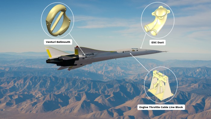 Legend: Various 3D printed parts out of ULTEM 9085CG flew on XB-1