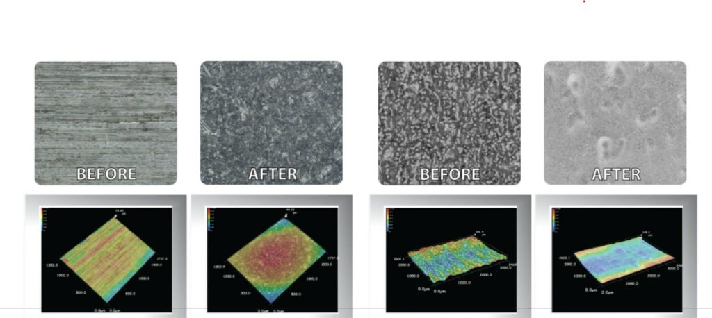 Comparaison de surfaces avant et après finition, avec topographies ; REM Surface Engineering