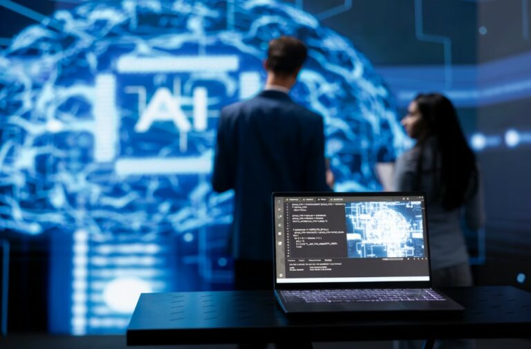 AI displayed on a laptop between two people working at a desk