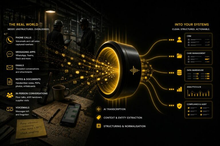 Illustration of unstructured engineering data flowing into enterprise systems with Authentise Whisper