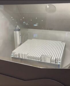 3D printed spinal cages on a build plate of an automated depowdering system