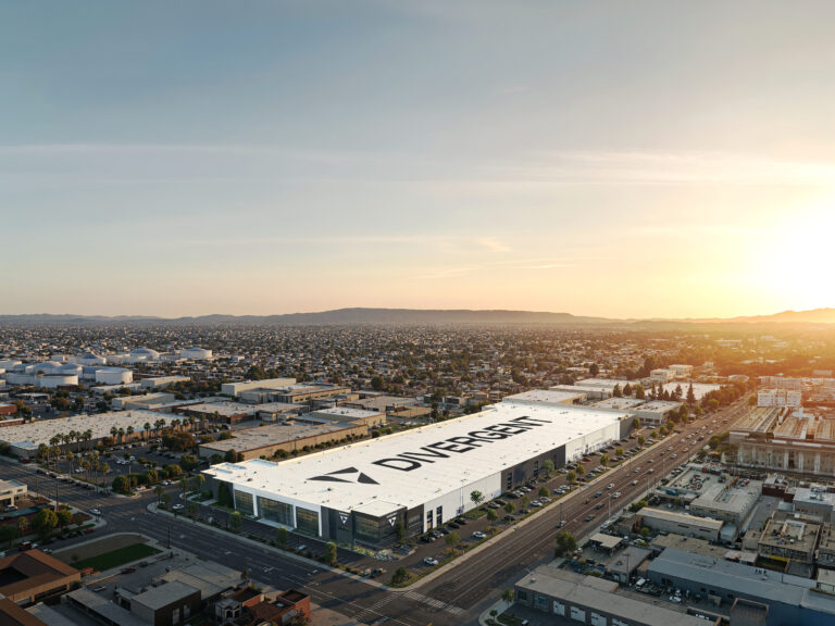 Aerial view of the Divergent factory in Long Beach.