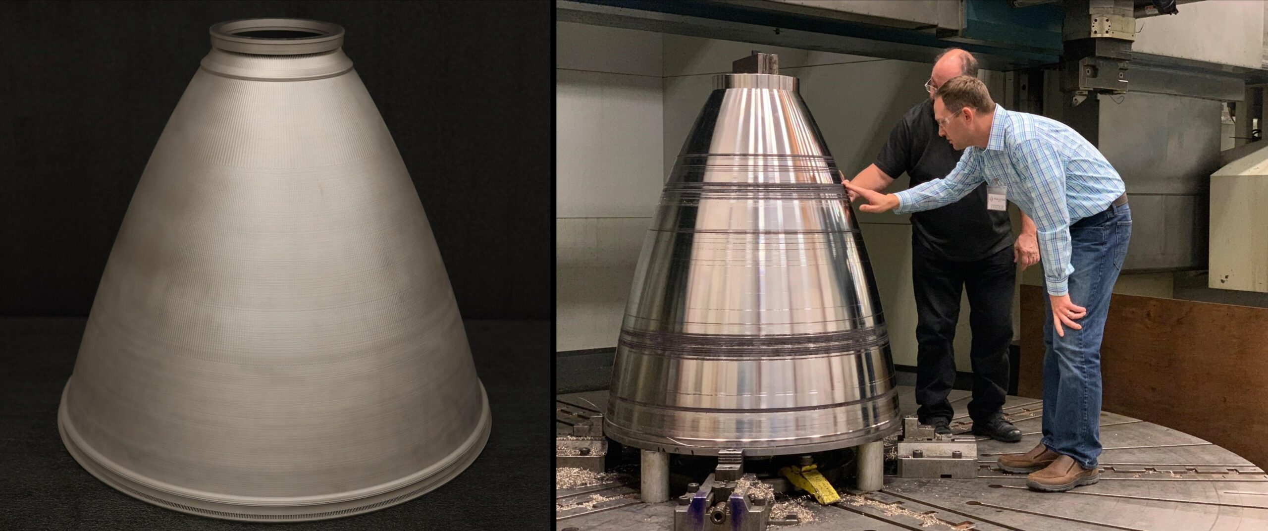  3D printed engine nozzles produced via DED. Credit: NASA
