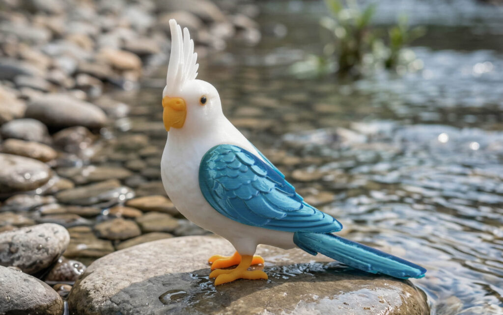 Colourful parrot model displayed on stones.