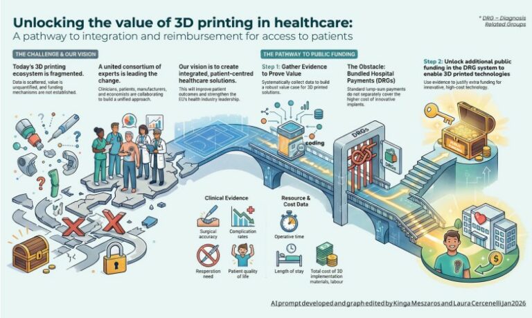 Infographic on qualification and reimbursement pathways for medical 3D printing.
