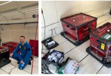 Nikita Chibisov, 3D Applications Manager and Sam Bernard, Chief Technology Officer of Photocentric with two Large boxes containing three CosmicMaker printers on the Novespace parabolic flight.