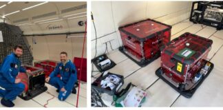 Nikita Chibisov, 3D Applications Manager and Sam Bernard, Chief Technology Officer of Photocentric with two Large boxes containing three CosmicMaker printers on the Novespace parabolic flight.
