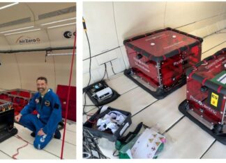 Photocentric spins out CosmicMaker, a machine that operates better in space than on earth Nikita Chibisov, 3D Applications Manager and Sam Bernard, Chief Technology Officer of Photocentric with two Large boxes containing three CosmicMaker printers on the Novespace parabolic flight.