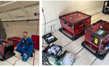Nikita Chibisov, 3D Applications Manager and Sam Bernard, Chief Technology Officer of Photocentric with two Large boxes containing three CosmicMaker printers on the Novespace parabolic flight.