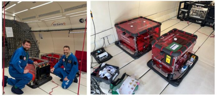 In space with Photocentric Nikita Chibisov, 3D Applications Manager and Sam Bernard, Chief Technology Officer of Photocentric with two Large boxes containing three CosmicMaker printers on the Novespace parabolic flight.