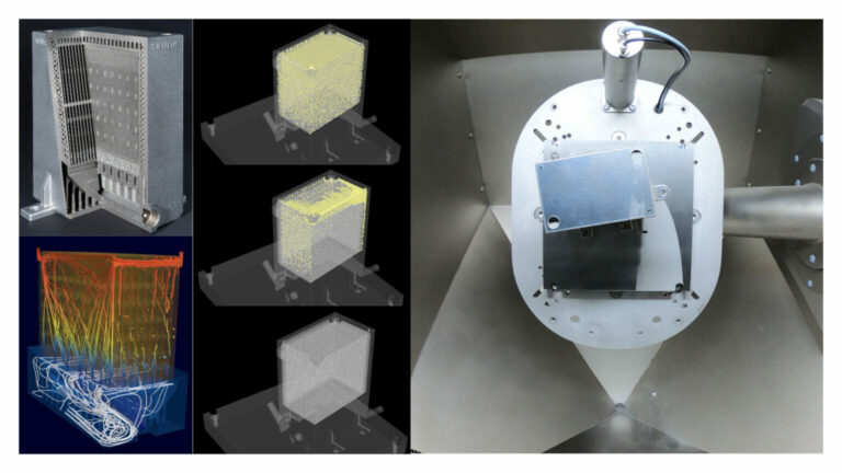 Depowdering simulation and a part mounted in a Solukon system.