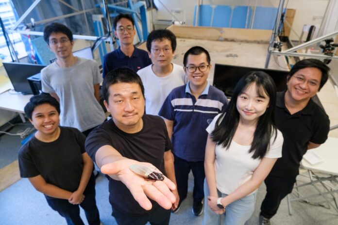 Image: NTU Prof Hirotaka Sato (2nd from left), pioneer of the cyborg insect technology, holding a cyborg Madagascar hissing cockroach with the new diving suit, which has an oxygen generator, enabling the insect to survive underwater for three hours.