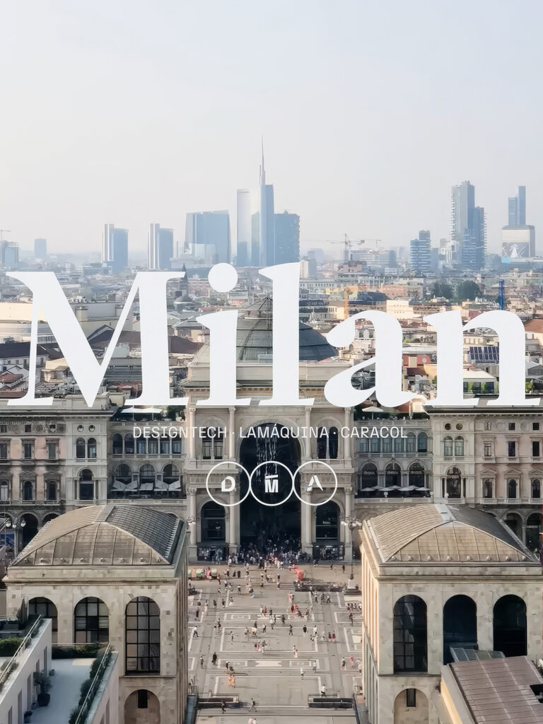 View over Milan with the city name in white lettering.