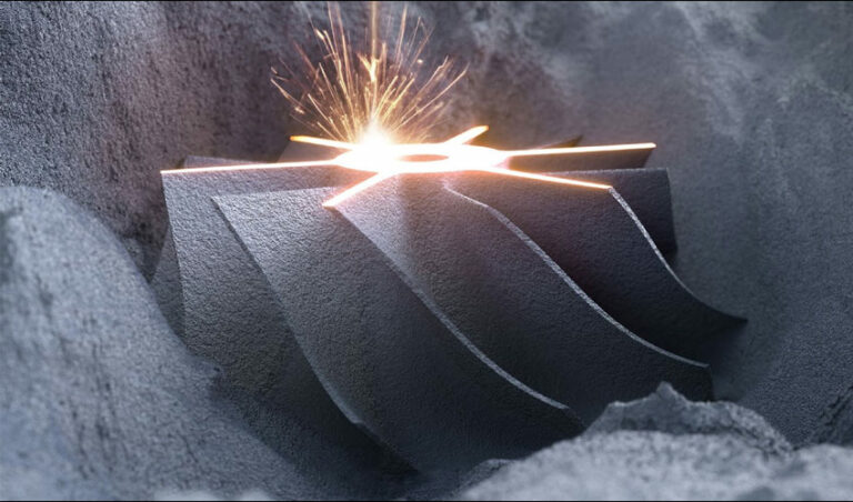 Illustration of a laser interacting with a metal powder bed.