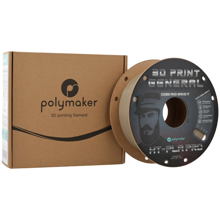 Polymaker filament spool beside its cardboard packaging.
