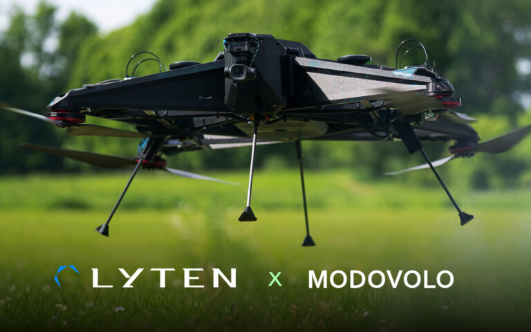 Modovolo drone against a green background with Lyten and Modovolo logos.