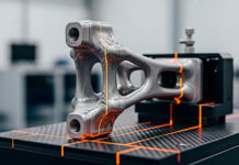 A 3D printed metal part being inspected on a quality control machine in a factory