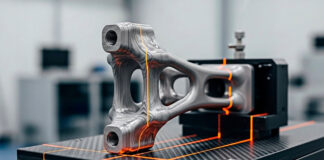 A 3D printed metal part being inspected on a quality control machine in a factory